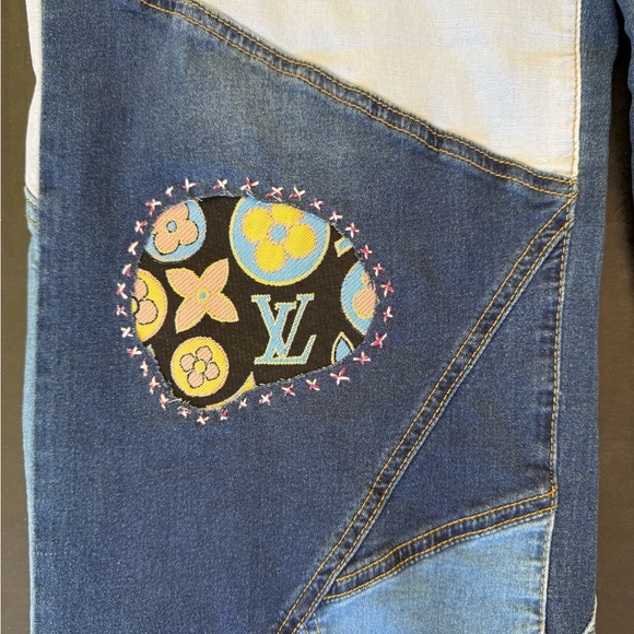 Designer Inspired Hand Stitched Upcycled Denim Straight Leg Jeans sz 2XL - Picture 4 of 8